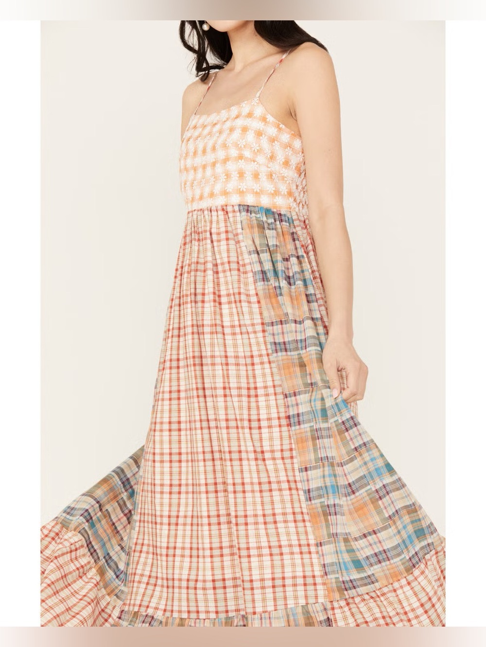 Miss Me Orange Plaid Maxi Dress with Mixed-Check Panels Boho Western Size Medium